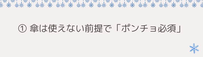 ① 傘は使えない前提で「ポンチョ必須」｜屋根の少ない会場では直撃しやすい